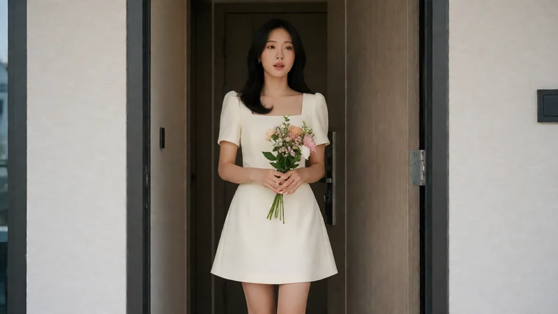 虚构成年东亚女主婉宁穿白色短裙抱花站在半开的公寓门旁