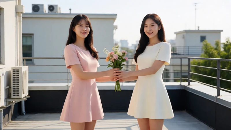 两名虚构成年东亚女性穿粉白短裙在清晨露台交换花束